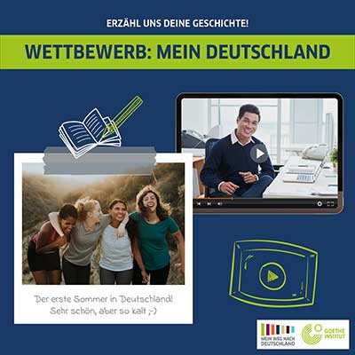 Social Media Beitrag für die Werbekampagne des Goethe Instituts in München. Es sind mehrere Personen zu sehen mit der der Headline: Erzähl und deine Geschichte! Wettbewerb: Mein Weg nach Deutschland. Verschiedene kleine Illustrationen.