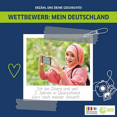Social Media Beitrag für die Werbekampagne des Goethe Instituts in München. Es sind Illustrationen zu sehen und ein Mädchen mit Handy und die Headline: Erzähl und deine Geschichte! Wettbewerb: Mein Weg nach Deutschland.