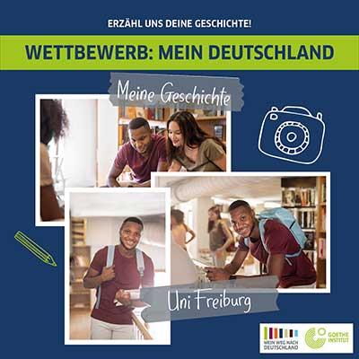 Social Media Beitrag für die Werbekampagne des Goethe Instituts in München. Es sind Fotos mit einem jungen Mann zu sehen, daneben Scribbles und die Headline: Erzähl und deine Geschichte! Wettbewerb: Mein Weg nach Deutschland.