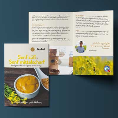 Ein gestalteter Flyer für die Senfproduktion des i‑Tüpferls – Printdesign im Corporate Design