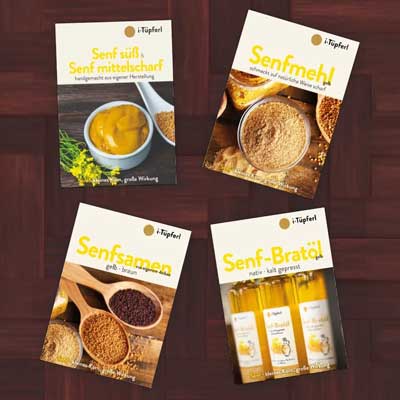 Vier gestaltete Flyer für die Senfproduktion des i‑Tüpferls – Printdesign im Corporate Design