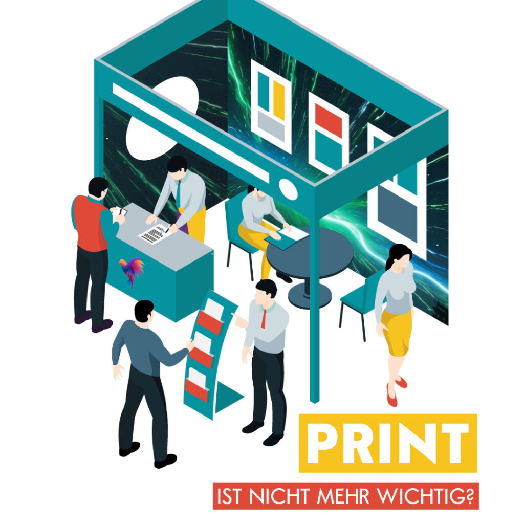 Ein Messestand, der mit Printmaterialien ausgestattet ist, um auf Messen Kunden direkt anzusprechen.