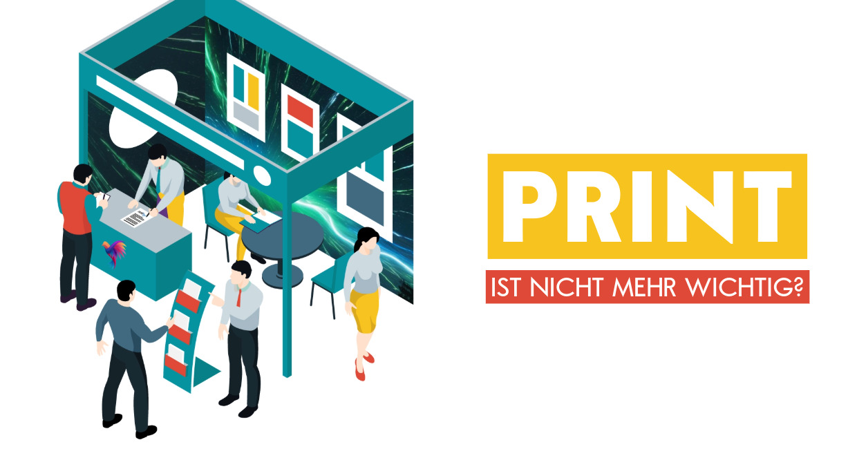 Messestand mit Broschüren, Visitenkarten und Bannern. Bedeutung von Printmedien auf Messen und Veranstaltungen.