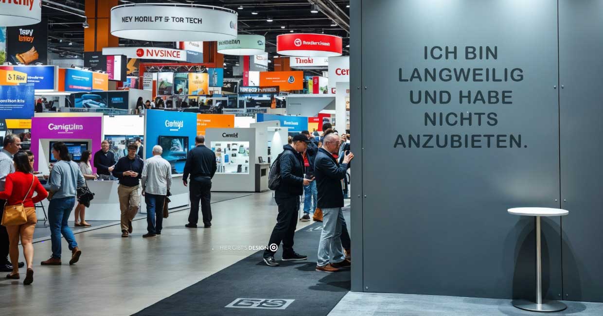 Langweiliger grauer Messe-Stand mit Schriftzug „Ich bin langweilig und habe nichts anzubieten“