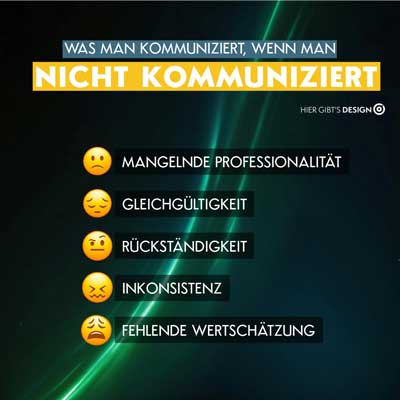 Darstellung von fünf negativen Botschaften, die durch mangelnde visuelle Kommunikation vermittelt werden.