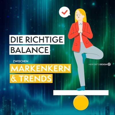 Businessfrau, die entspannt auf einer Kugel steht und die Balance hält – Symbol für die Balance zwischen Markenkern und Designtrends.