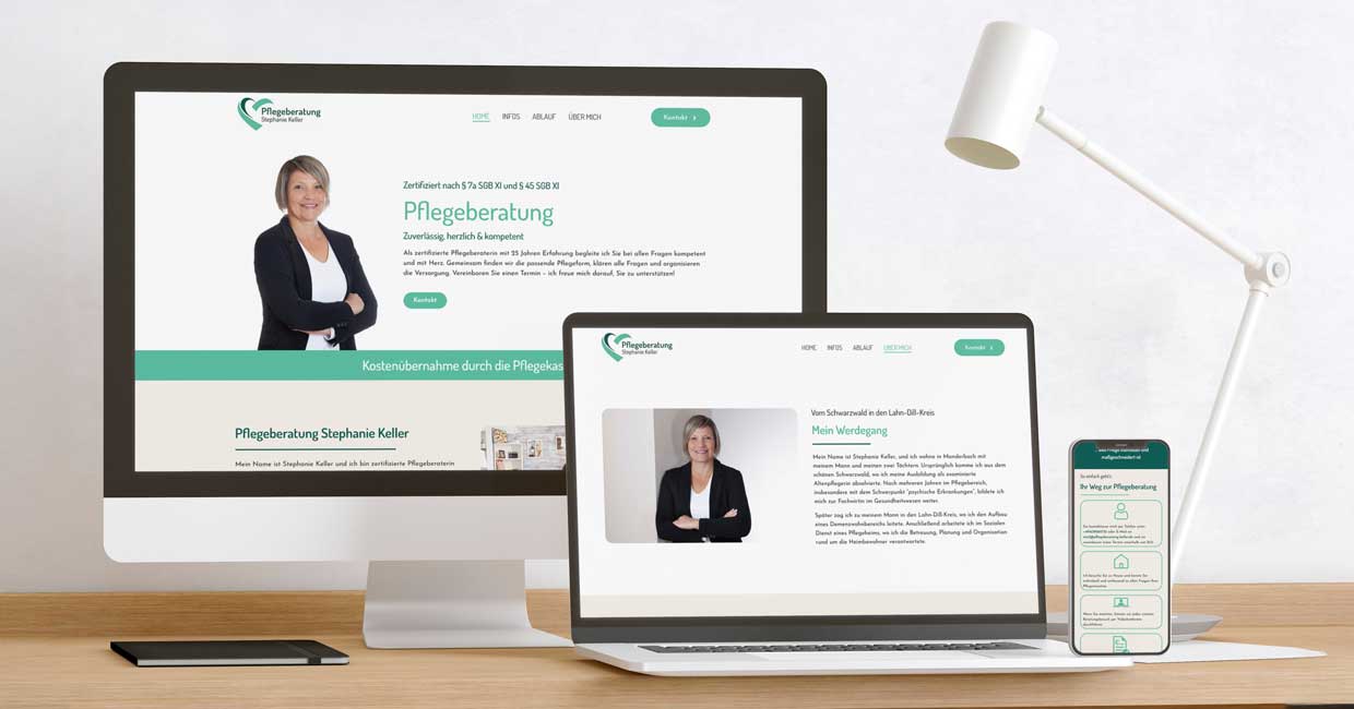 Website-Design für Pflegeberatung auf Desktop, Laptop und Smartphone