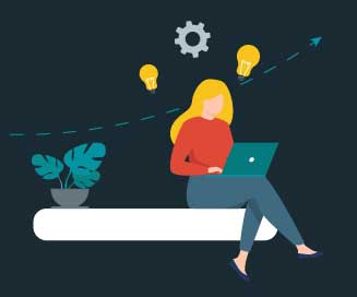 Illustration einer Frau am Laptop, umgeben von Glühbirnen und einem Zahnrad – Sinnbild für die konzeptionelle Arbeitsweise von Vera Damrath als Grafikdesignerin