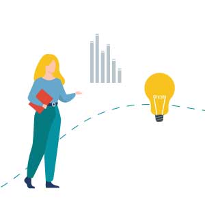 Illustration einer Grafikdesignerin mit Mappe, die ein Diagramm präsentiert – passend zu den häufigen Fragen rund um die Zusammenarbeit mit Vera Damrath